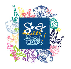 Fototapeta na wymiar Hand drawn doodle illustration with fish, Squid, shrimp