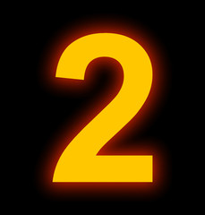 number 2 neon light full isolated on black