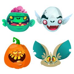 Halloween characters  set. Cartoon of bat, pumpkin Jack o lntern, zombie, vampire. Vector illustrations