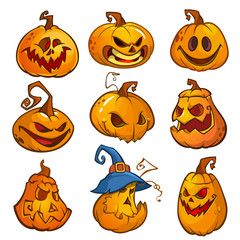 Big set of halloween pumpkins with Jack O`Lantern face, vector illustration