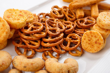 Snack for beer. Different types of crackers