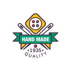 Handmade logo template, quality since 1935, retro needlework craft badge, handicraft element