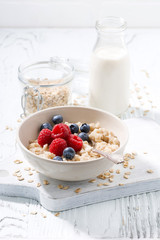 homemade oatmeal with berries and milk on white wooden table, vertical