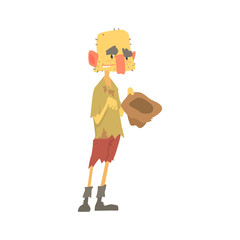 Dirty homeless man character in ragged clothes standing on the street with hat for money, unemployment person needing help vector illustration