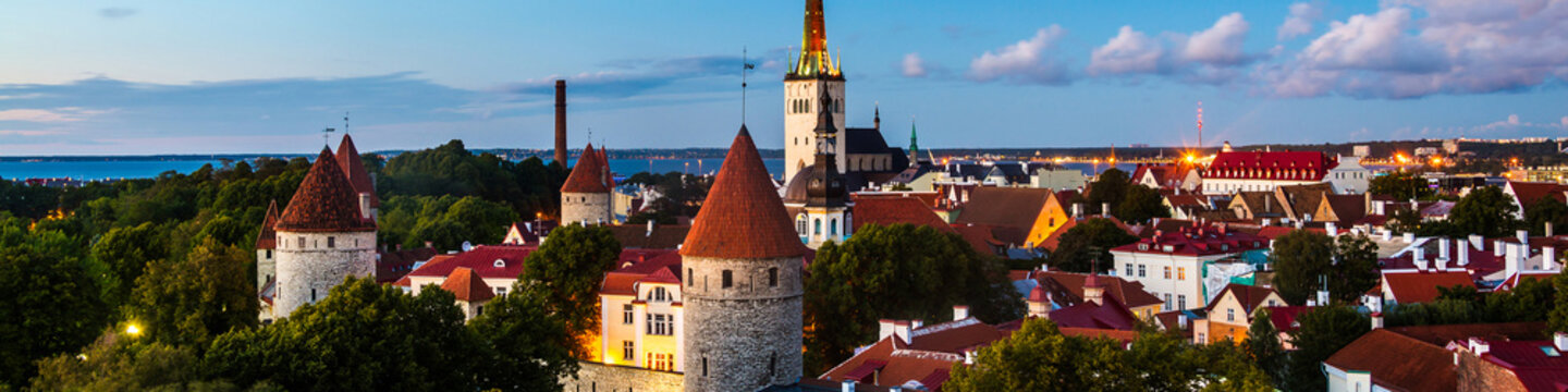 Aerial view of Tallinn, Estonia at sunset.