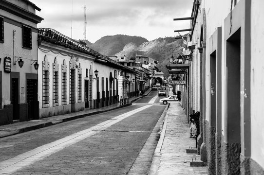 Streets of colonial San Cristobal de las Casas, Mexico. Black and white