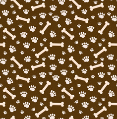 Dog bones seamless pattern. Bone and traces of puppy paws repetitive texture. Doggy endless background. Vector illustration