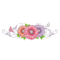 Beautiful abstract floral background with hand-drawn flower chamomile and butterflies. Vector illustration. Element for design.