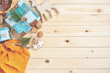 Christmas background on wooden boards