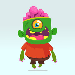 Vector cartoon image of a funny green zombie with big head in brown pants and red t-shirt walking to the right and smiling on a light gray background. Halloween. Vector illustration.