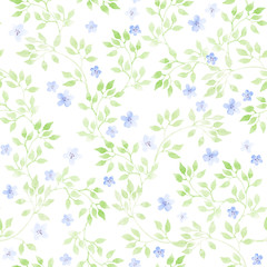 Cute flowers, wild herbs, meadow grasses. Pastel ditsy repeating pattern. Watercolour
