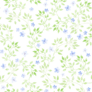 Cute flowers, wild herbs, meadow grasses. Pastel ditsy repeating pattern. Watercolour