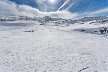 Fototapeta na wymiar Mountain skiing - Italy, Valle d'Aosta, Breuil-Cervinia, Aosta Valley, Cervinia