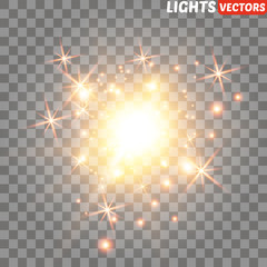 Transparent Golden Glow light effect. Star burst with sparkles