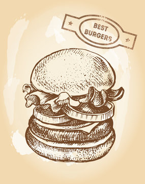 Ink hand drawn cheeseburger with onion rings. Fast food element. Vector illustration. Template for menu, posters, banners design.