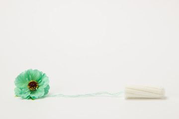 Hygienic tampon and sanitary napkin for every day with panties with green flowers on a white background