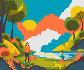 People walking with dogs in the park near pond. Vector illustration
