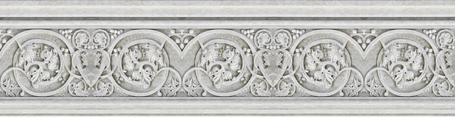 Detail of an old Italian molding stone eaves with foliage and plants