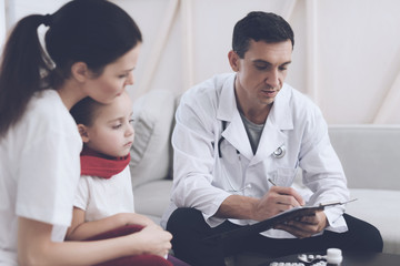 The little girl caught a cold. Her mother called the doctor at home. Doctor interrogates the girl