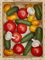 Assortment of fresh  vegetables in a wooden box