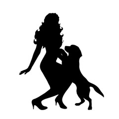 Vector silhouette of woman with dog on white background.