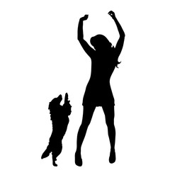 Vector silhouette of woman with dog on white background.