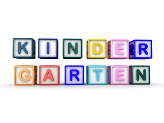  3D illustration of toy blocks placed on two layers  saying Kindergarten