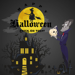 Halloween backgrounds with vampire and their castle on cemetery, Draculas monster in cloak flat vector illustrations, good for Halloween party invitation or flyer, greeting card