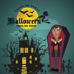Halloween backgrounds set with vampire and their castle under full moon and cemetery, Draculas monster in coffin flat vector illustrations, good for Halloween party invitation or flyer, greeting card