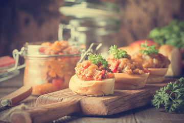 Bread toasts with eggplant caviar.