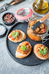 Bread toasts with eggplant caviar.