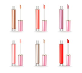 Lip gloss set Vector realistic. 3d package. Beauty cosmetics Container product. Vector illustration roses details isolated on white background