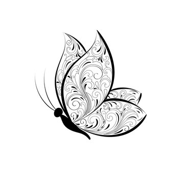 Isolated beautiful butterfly with floral pattern on a white background. Element for design. Vector illustration.