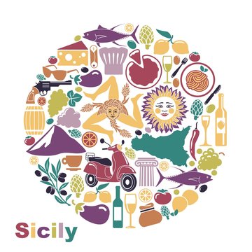 Set of icons on a theme of Sicily in the form of a circle