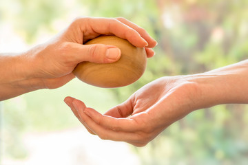 Greifübung in der Physiotherapie Hand legt Holzei in andere Hand