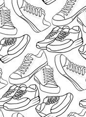 Seamless black and white texture with a contour pattern of running shoes and a sneaker. Vector sport pattern for your creativity