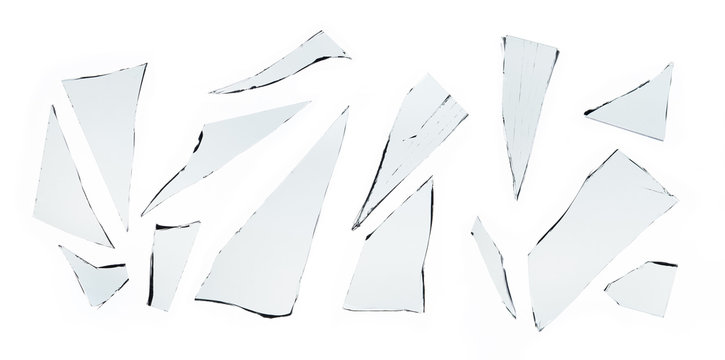 Piece and group of broken glass on white background , texture decoration backdrop object design