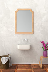 bright bathroom with washing basin and mirror 3d rendering