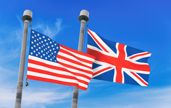 United Kingdom and USA flags over blue sky background (3D rendered illustration)