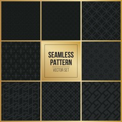 Abstract concept vector monochrome geometric pattern. Dark blue, gold minimal background. Creative illustration template. Seamless stylish texture. For wallpaper, surface, web design, textile, decor.