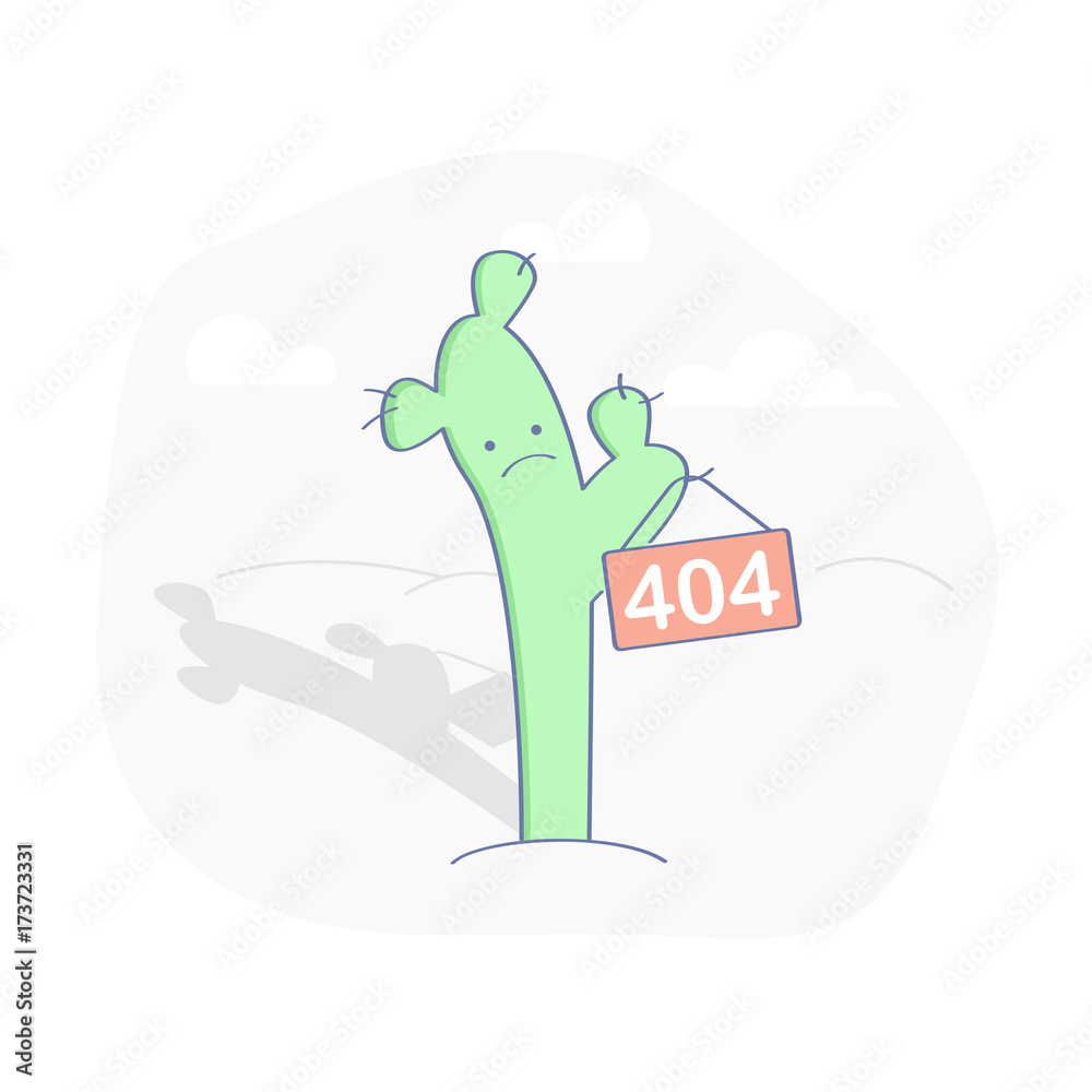 Poster 404 error page or file not found icon. cute green cactus with nameplate 404. isolated ux ui vector i