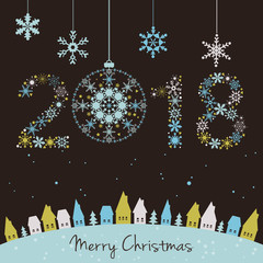 2018 New year. Happy holidays background with snowflakes, snow, 