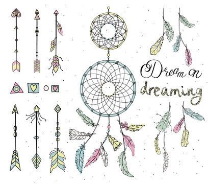 Set of drawn feathers, dream catcher, beads, geometric elements, arrows