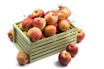 Assorted ripe apples in a wooden box on a white background