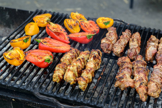 Meat and vegetables on the grill