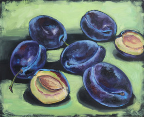 Blue plums on light yellow -green background with deep black shadows, in cold blue tones, original oil painting on canvas
