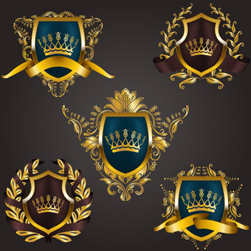 Set of golden royal shields with floral elements, ribbons, laurel wreaths for page, web design. Old frame, border, crown, divider in vintage style for label, emblem, badge, logo. Illustration EPS10