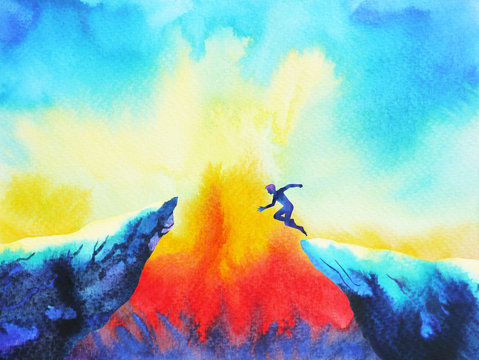 man jumping leap over to success power, abstract world universe inside your mind, watercolor painting art hand drawn