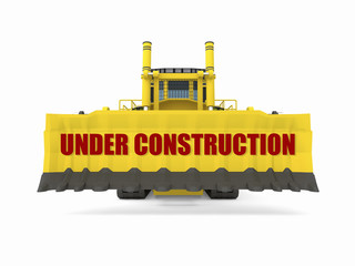 front view of cool modern tuned yellow black crawler tractor - bulldozer with scoop, isolated on white, 3d illustration, 3d render with inscription "under construction"