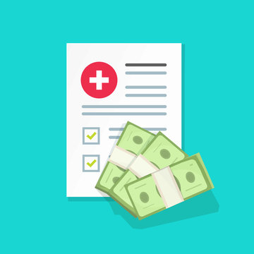Medical document with money vector illustration, flat cartoon health insurance form with pile of money, idea of expensive medicine, healthcare spendings or expenses